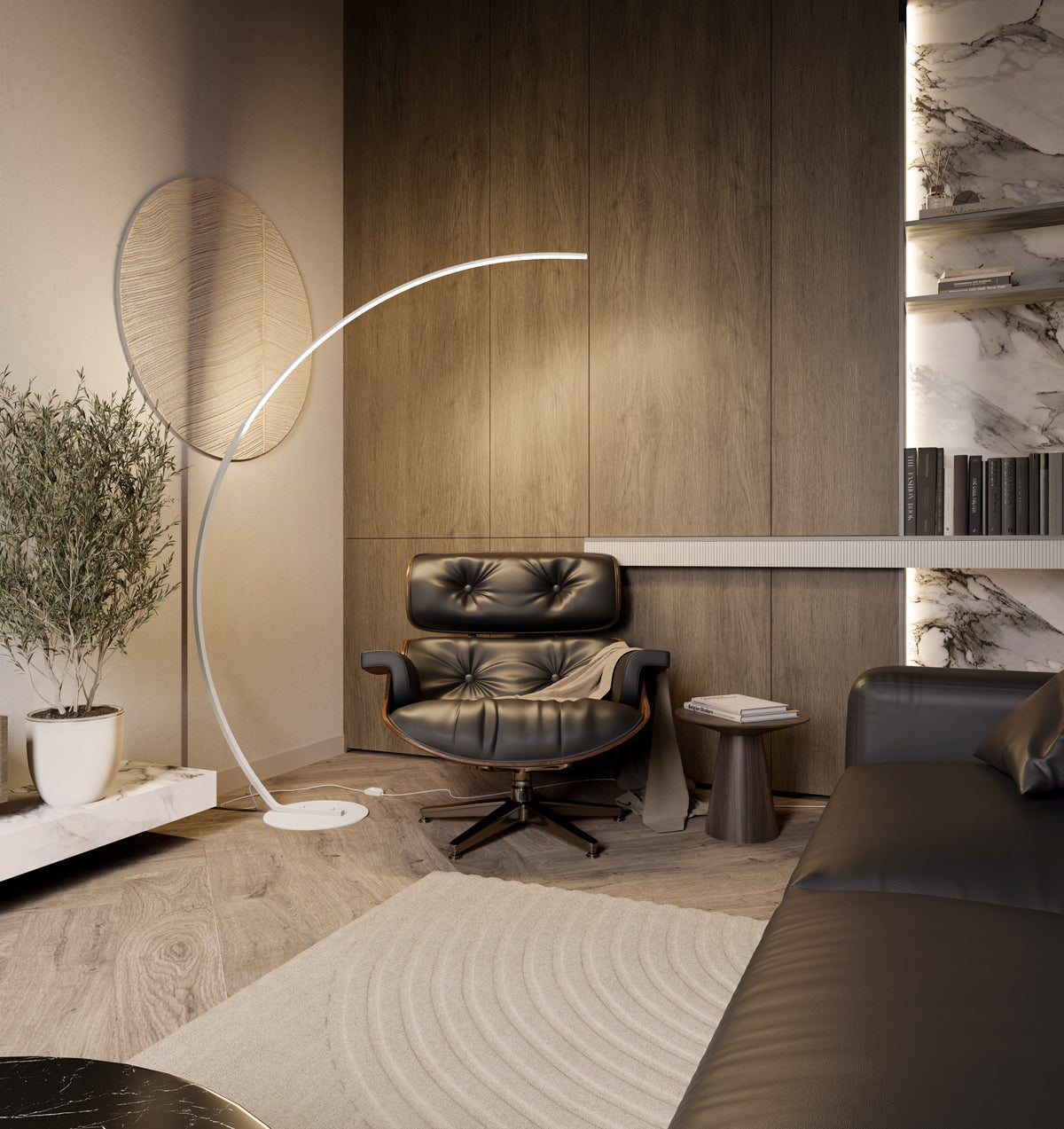 Icarus Bogenlampe im Wohnzimmer