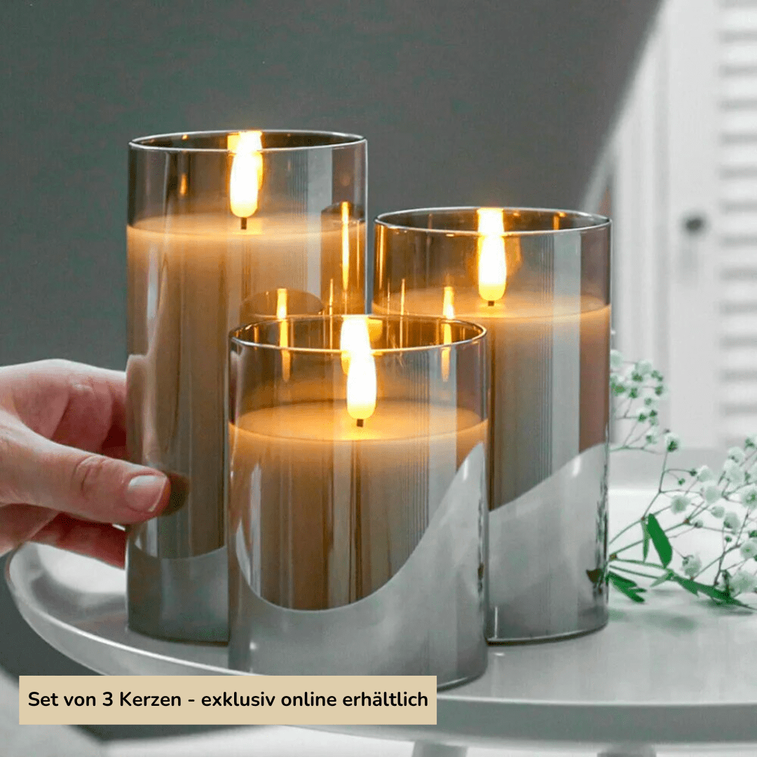 GlowFlicker | LED-Kerzen Set mit Realistischem Flammeneffekt | Graues Glas für Gemütliche Atmosphäre 3