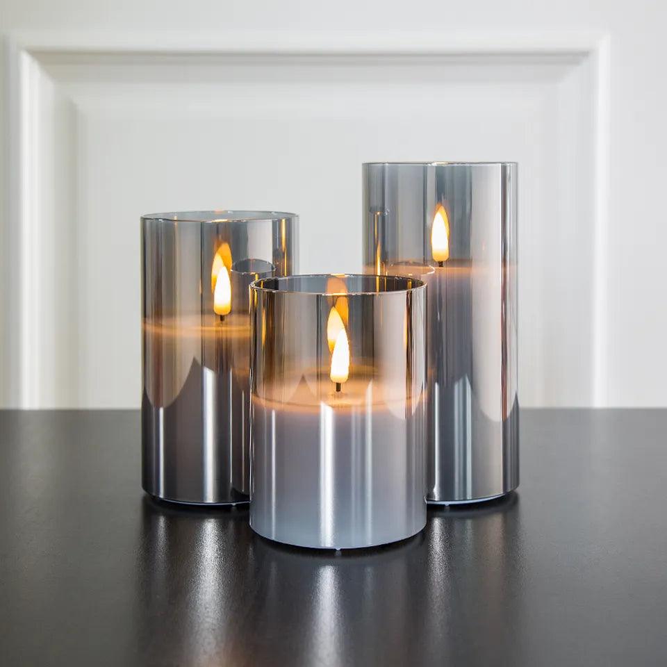 GlowFlicker | LED-Kerzen Set mit Realistischem Flammeneffekt | Graues Glas für Gemütliche Atmosphäre 4