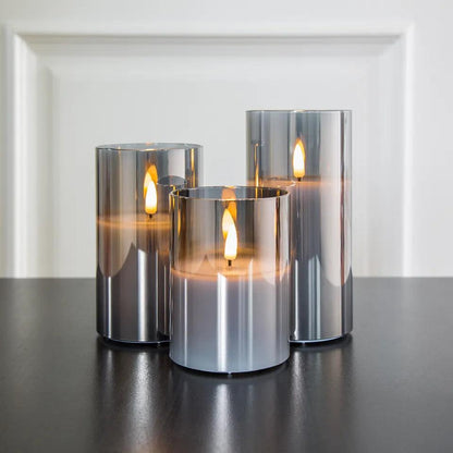GlowFlicker | LED-Kerzen Set mit Realistischem Flammeneffekt | Graues Glas für Gemütliche Atmosphäre 4