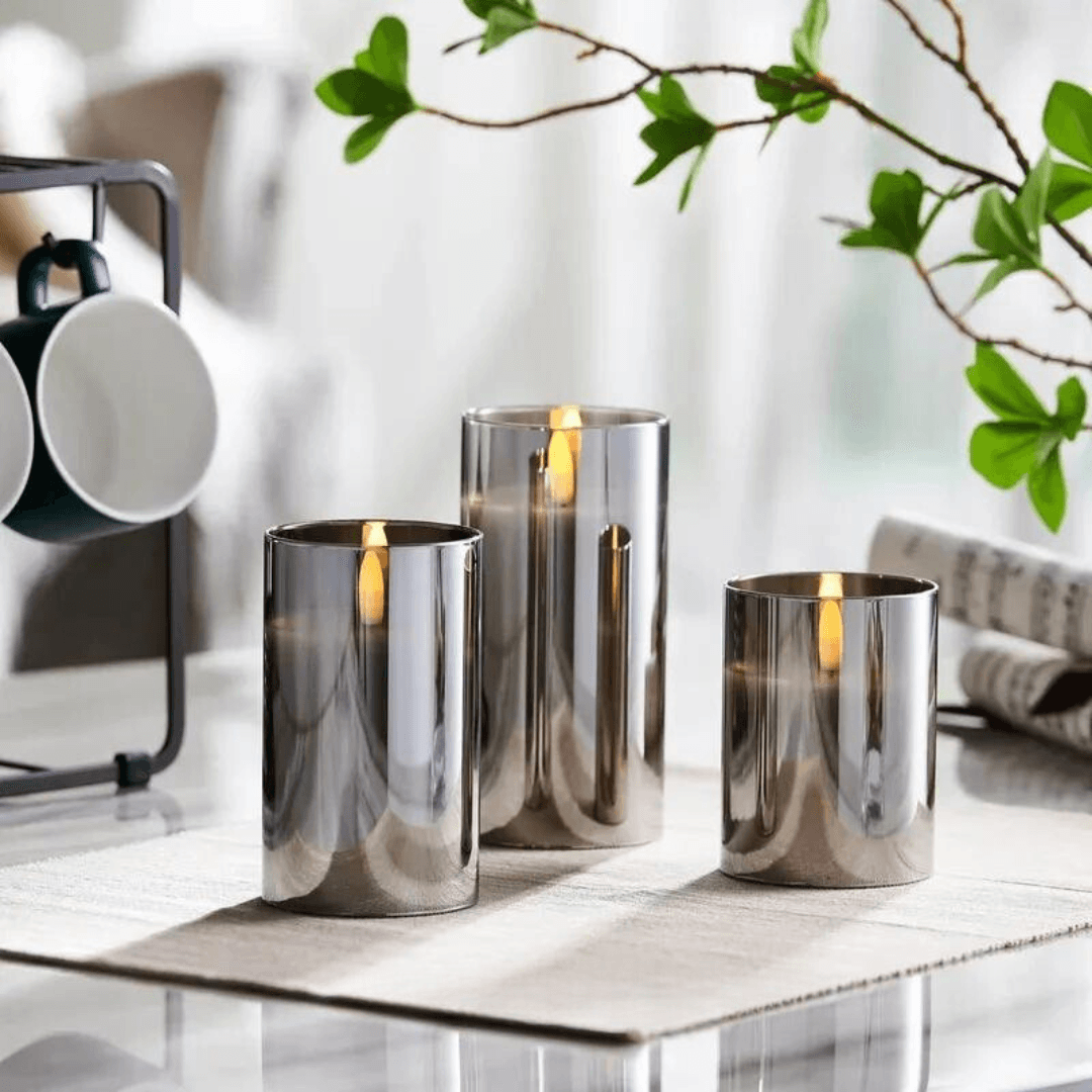 GlowFlicker | LED-Kerzen Set mit Realistischem Flammeneffekt | Graues Glas für Gemütliche Atmosphäre 6